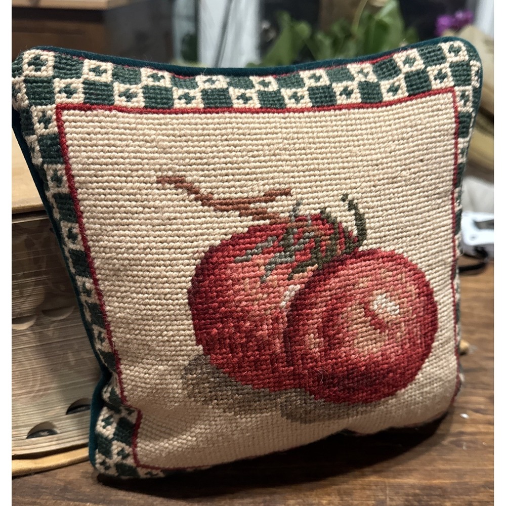 Vintage Square Needlepoint Throw Pillow Apples Velvet Back  8 X 8